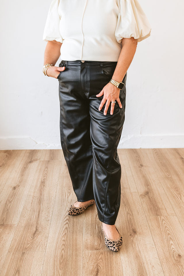 Faux Leather Barrel Jeans