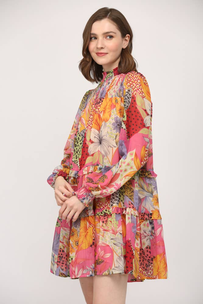 Printed Chiffon Smocked Yoke Dress
