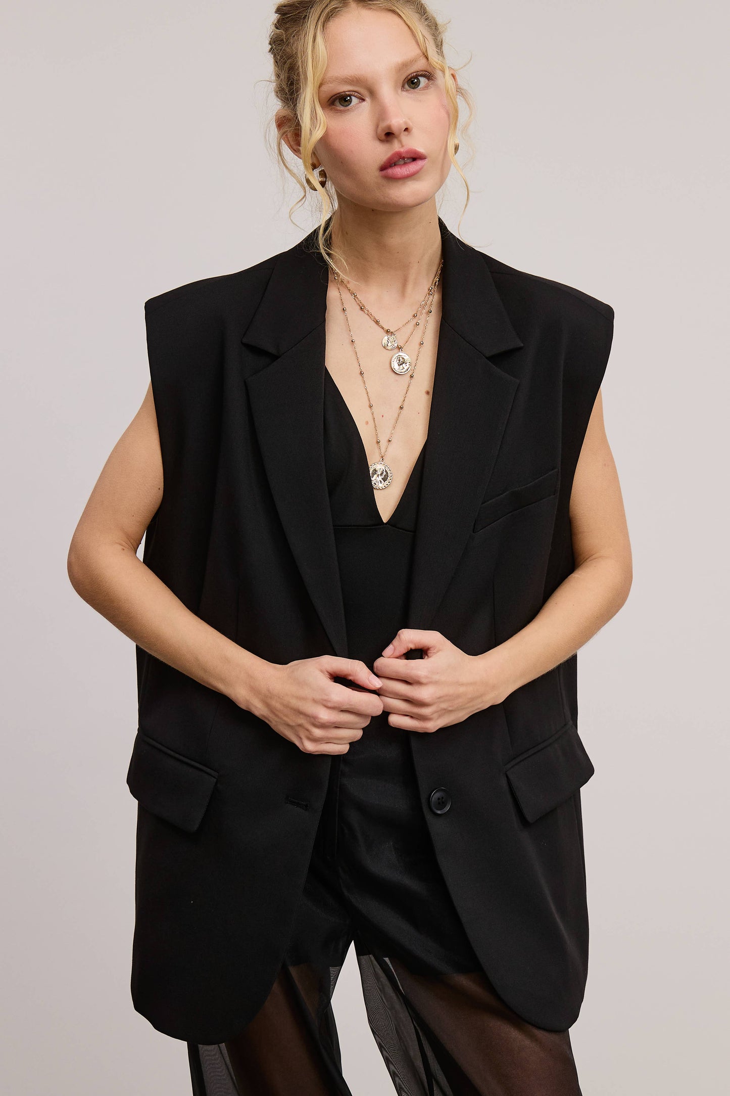 Structured Oversized Blazer Vest with Shoulder Pads