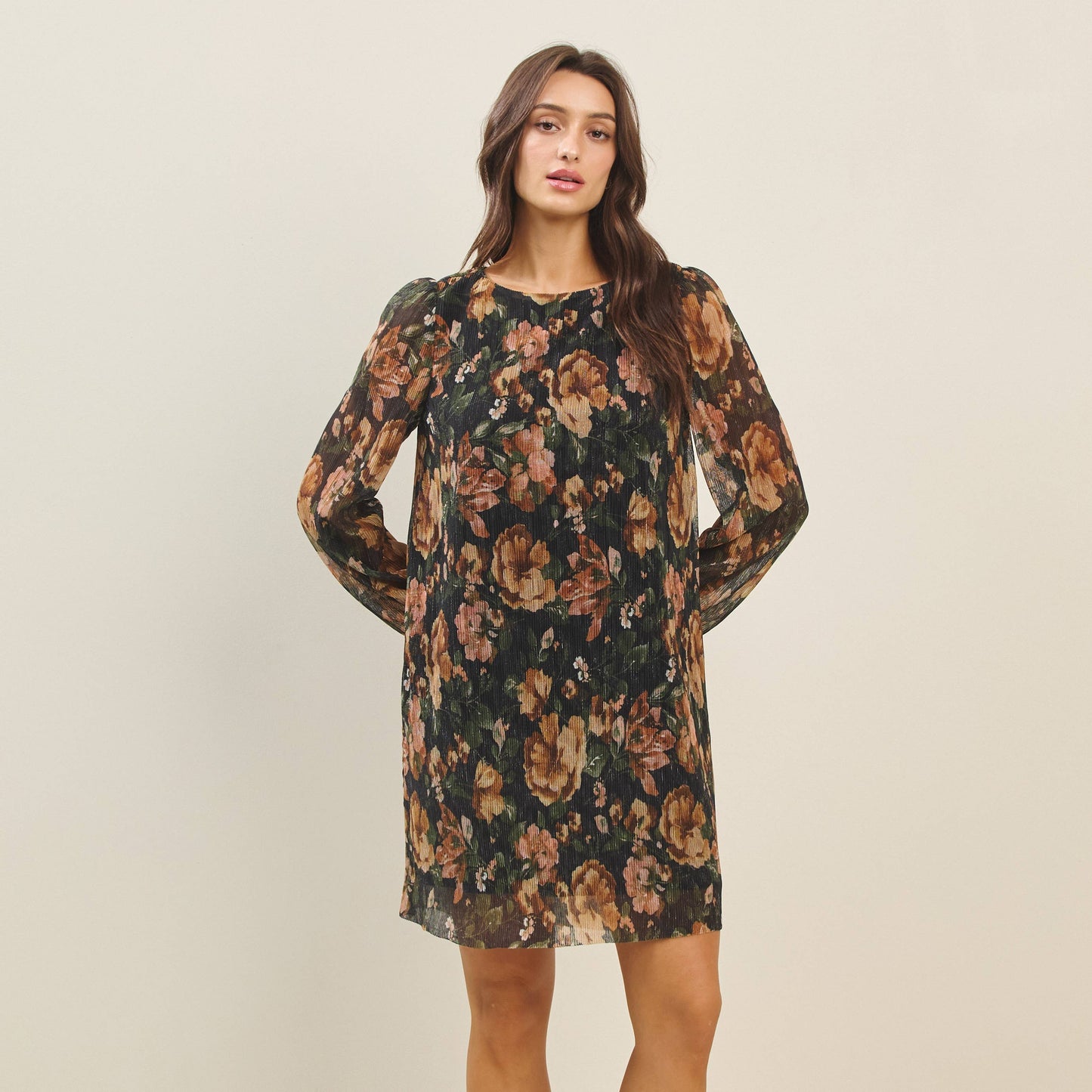 Metallic floral print mini dress