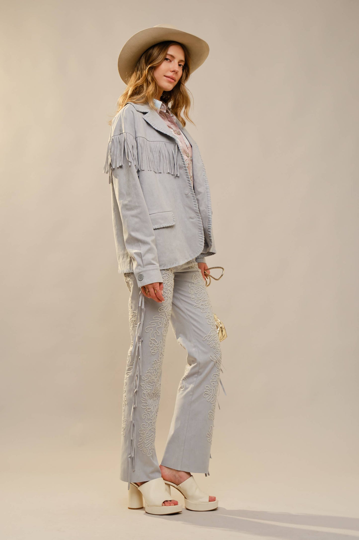 Blue Suede Fringe Button Front Jacket