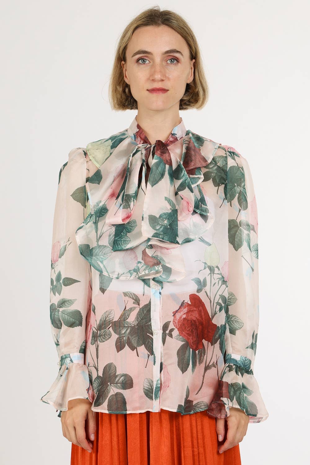 Floral Print Neck Bowtie Chiffon Blouse