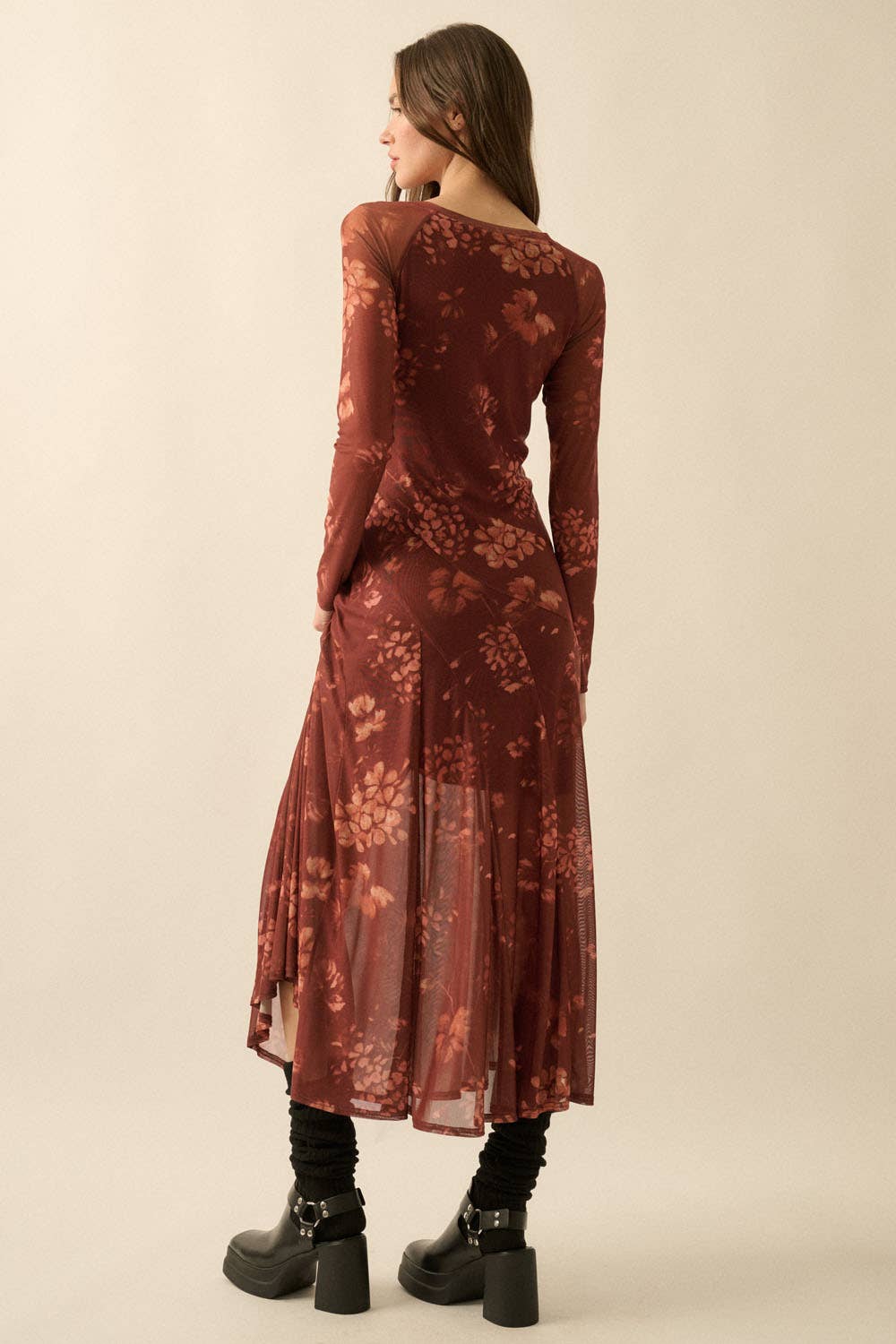 Floral Mesh Asymmetrical Paneled Midi Dress