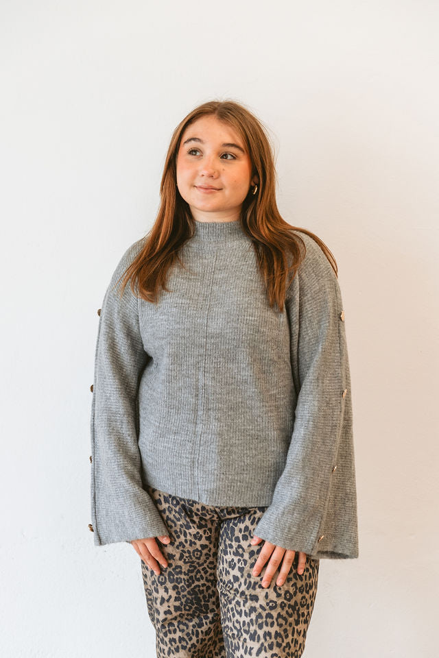 Grey Turtleneck Gold Button Sweater