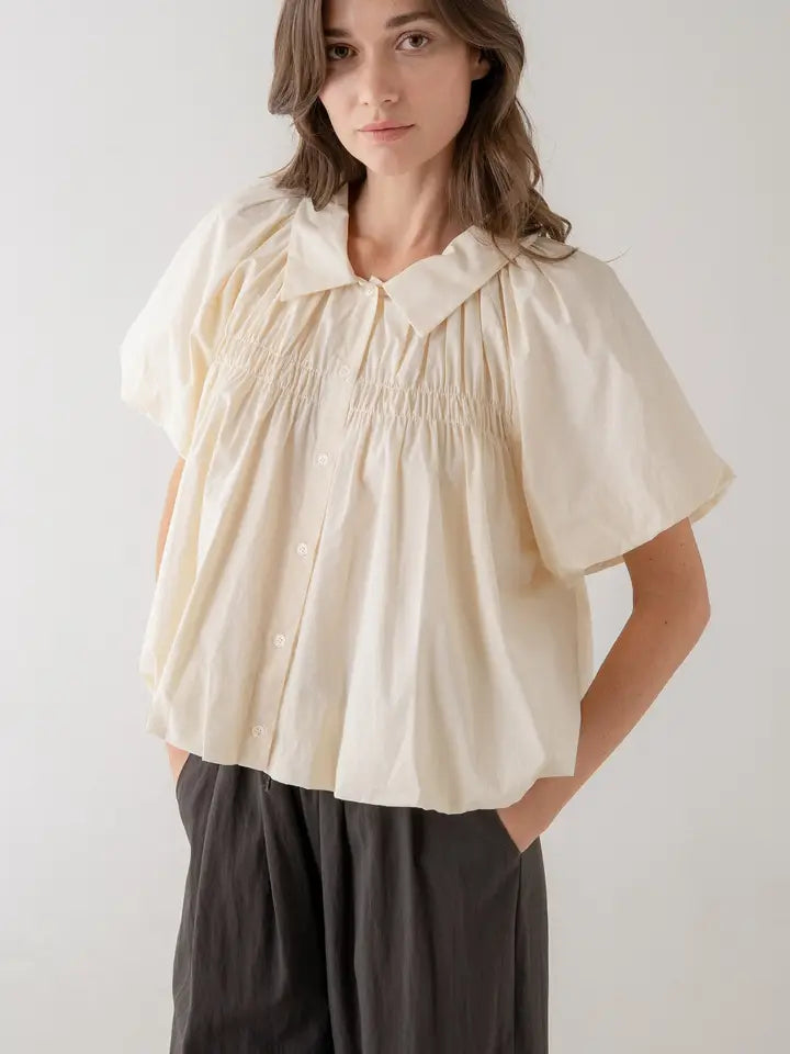 Puff Sleeve With Gathered Bodice Button Down