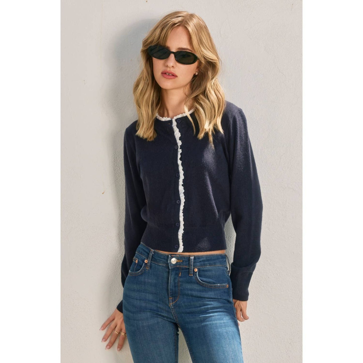 Ruffled Eyelet Trim Button Down Cardigan