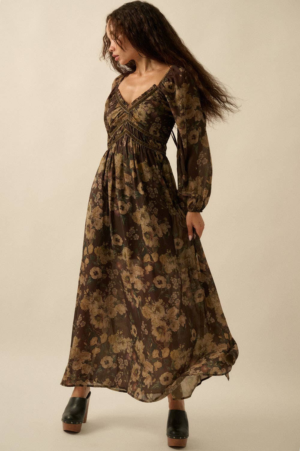 Floral-Print Velvet-Trimmed Maxi Peasant Dress
