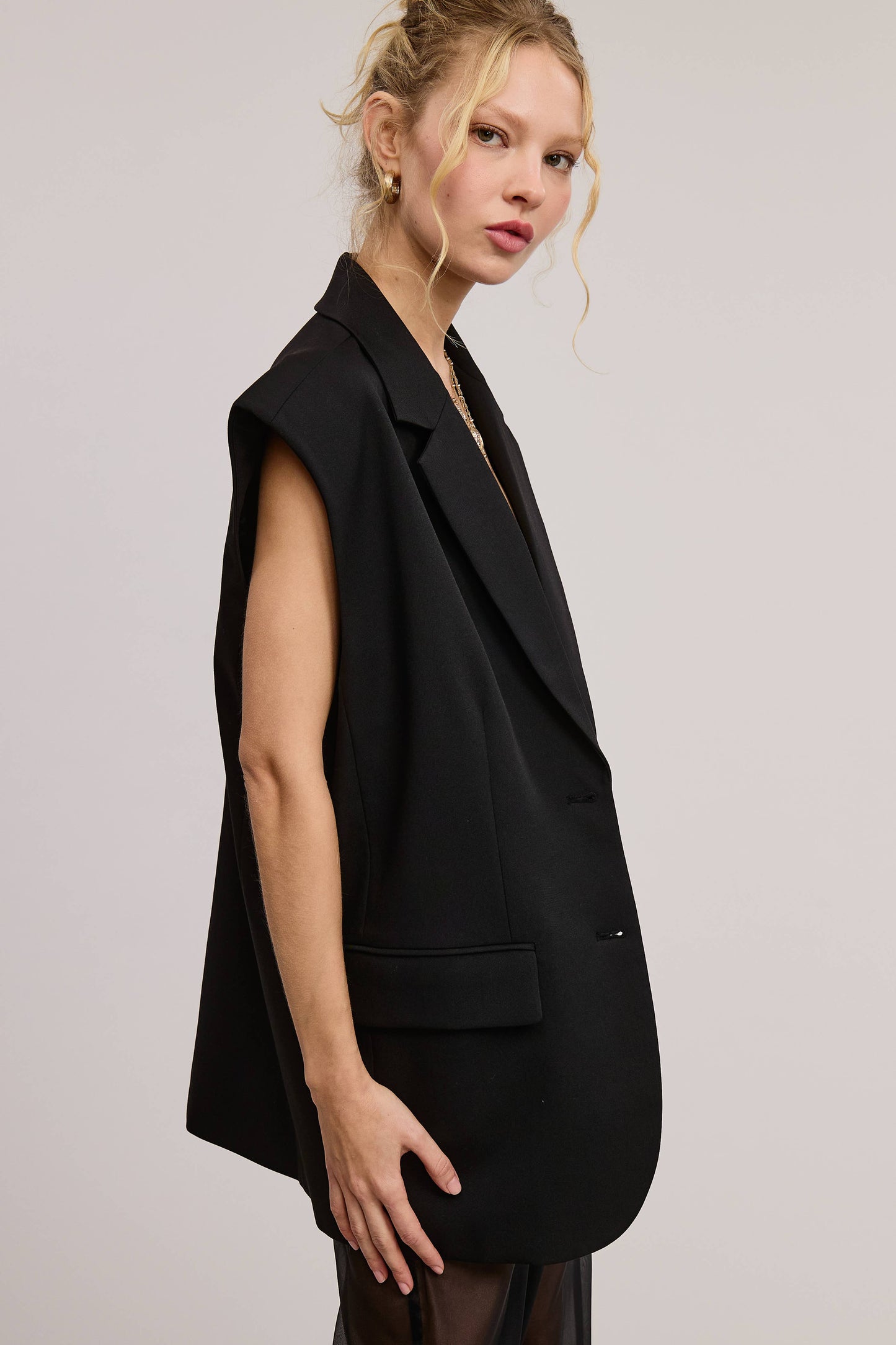 Structured Oversized Blazer Vest with Shoulder Pads
