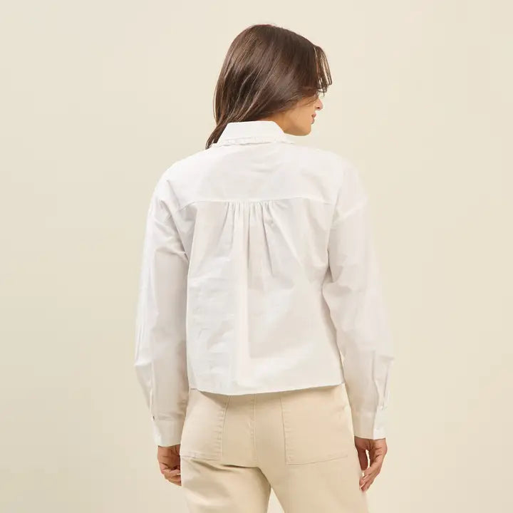 White Ruffle Ribbon Button Down Top