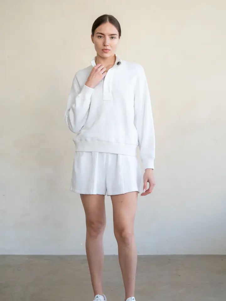Rib Collar Button Pullover - Cotton White