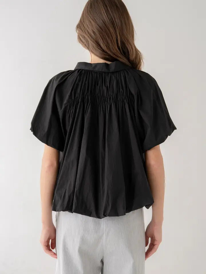 Puff Sleeve Button Down Blouse w/Gathered Bodice