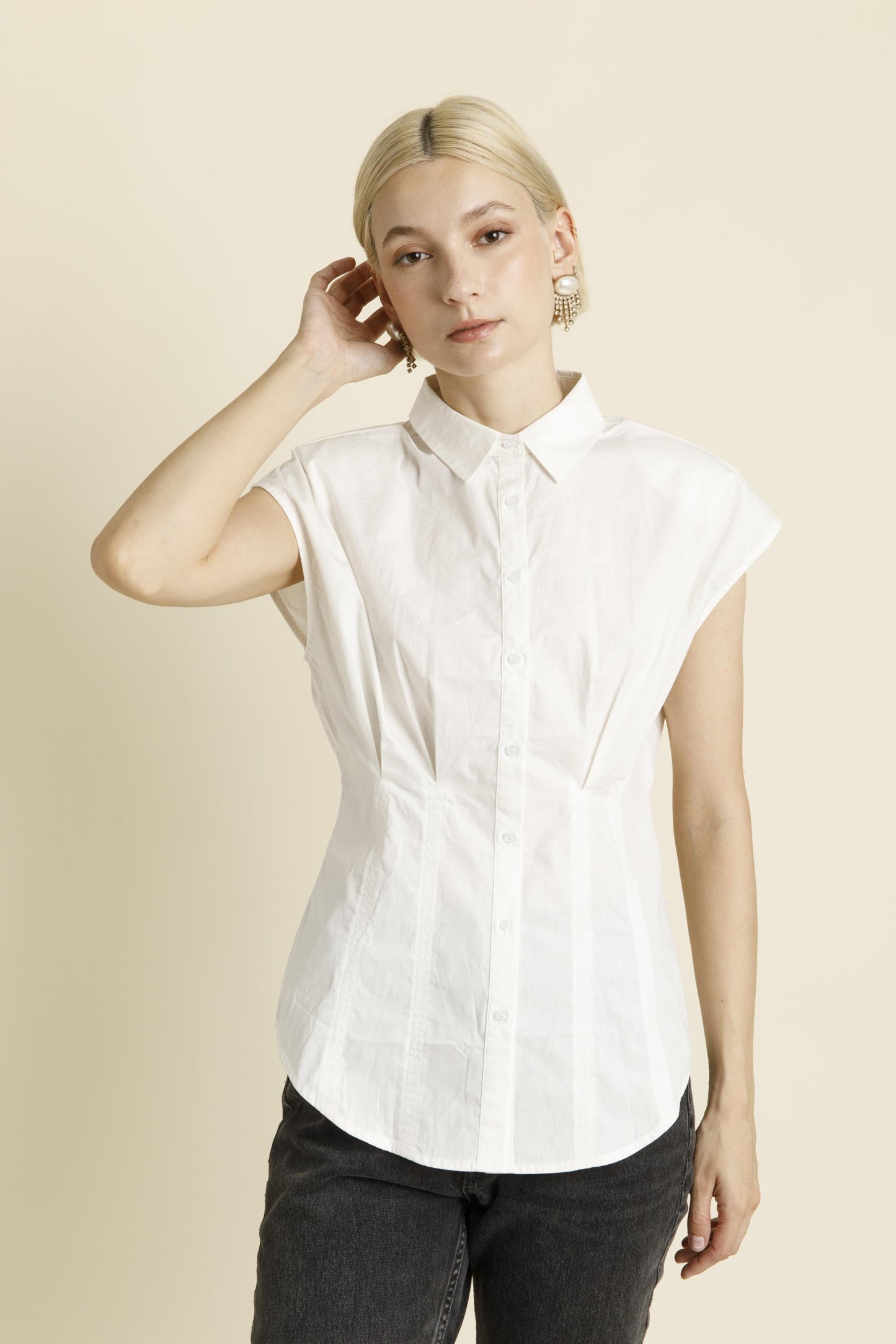 White Pleated Cap Sleeve Blouse