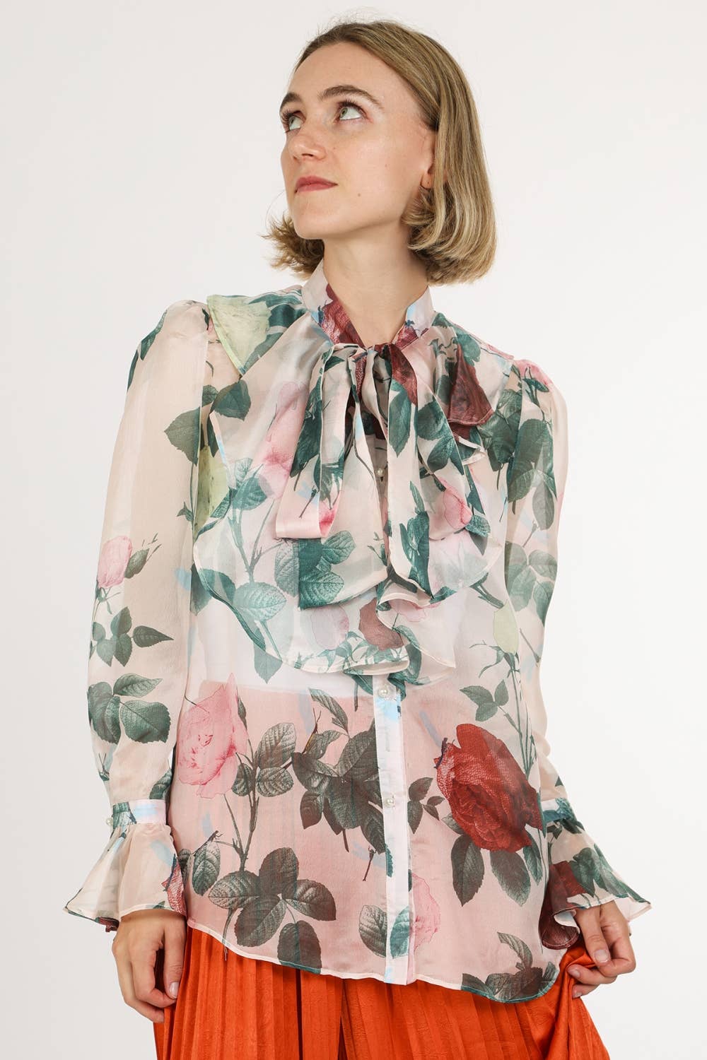 Floral Print Neck Bowtie Chiffon Blouse