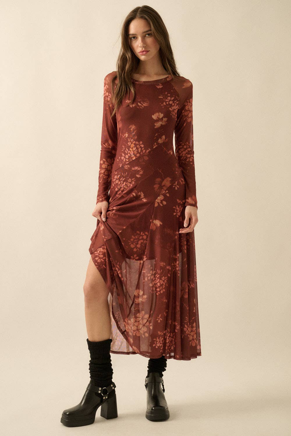 Floral Mesh Asymmetrical Paneled Midi Dress