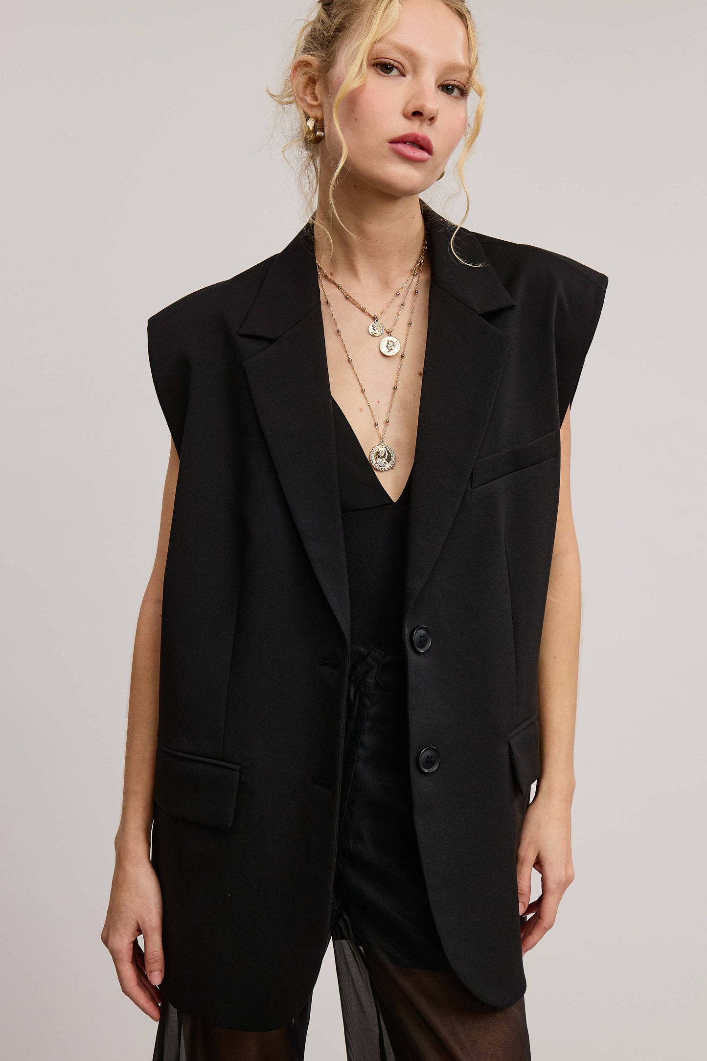 Structured Oversized Blazer Vest with Shoulder Pads