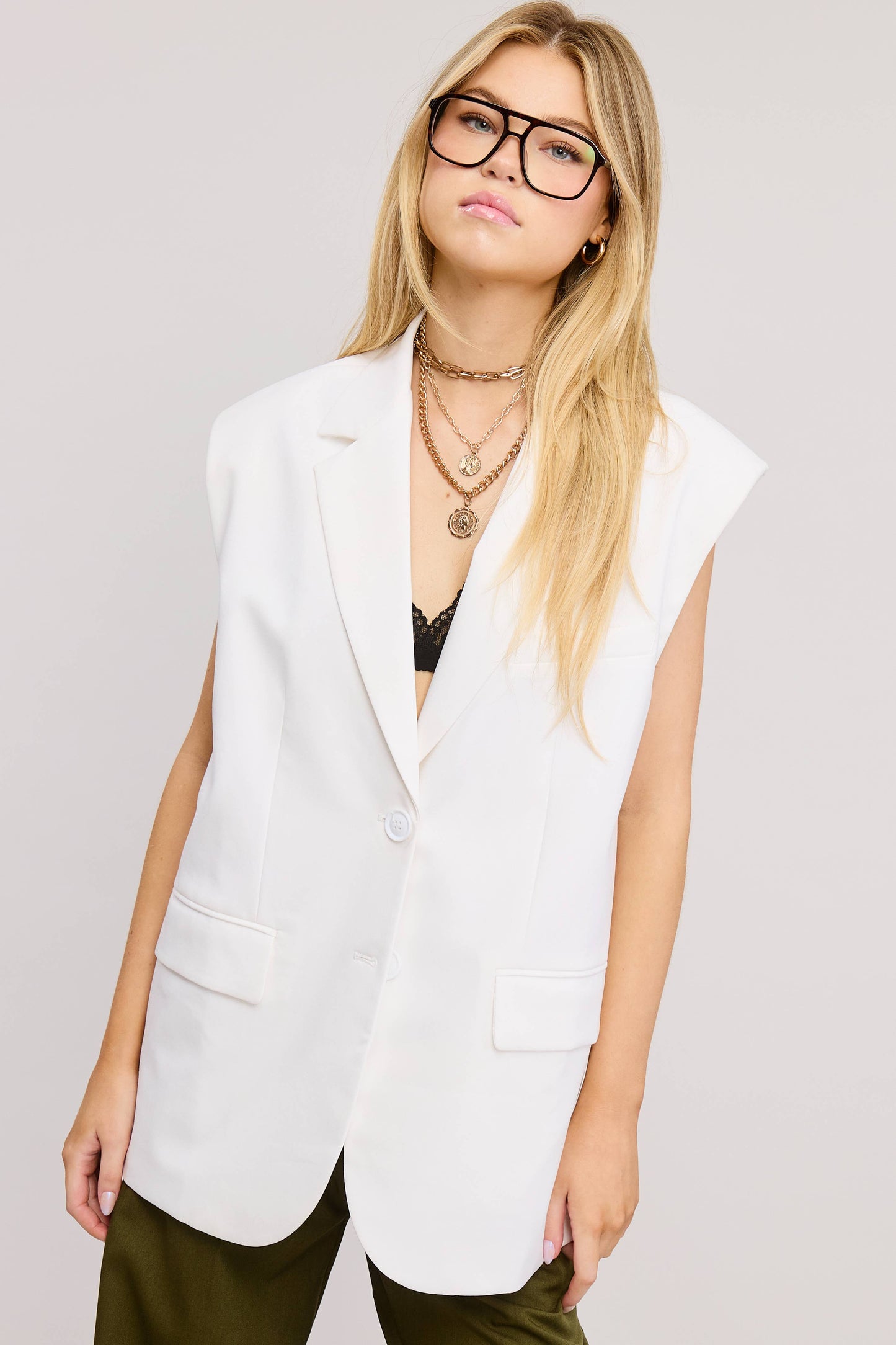 Structured Oversized Blazer Vest with Shoulder Pads