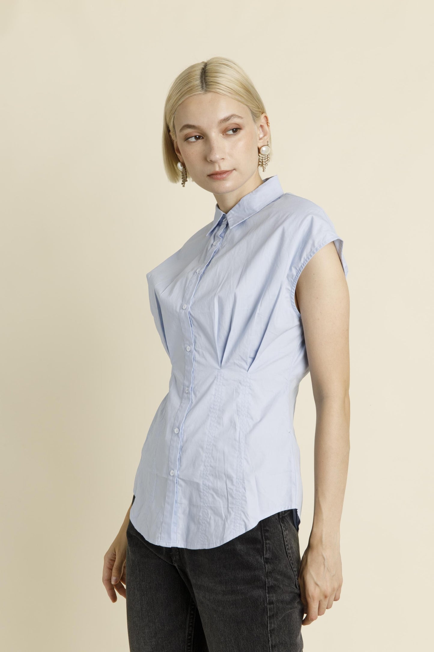 Blue Pleated Cap Sleve Blouse