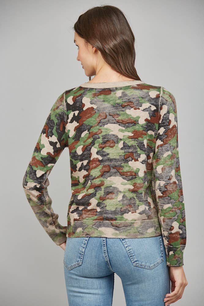 CAMO PRINT FRONT BUTTON CLOSURE CARDIGAN