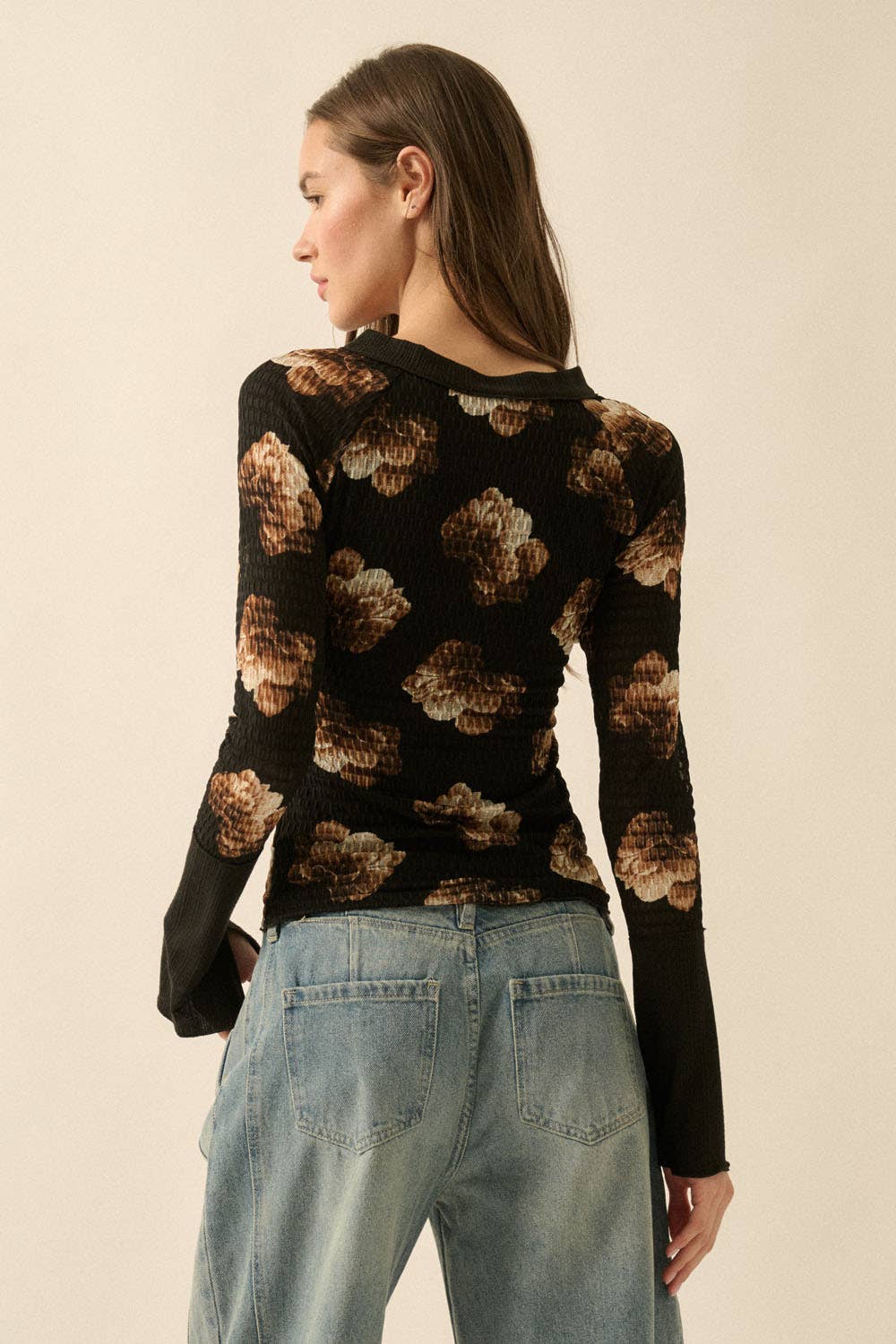 Floral Honeycomb Mesh Raglan-Sleeve Henley Top