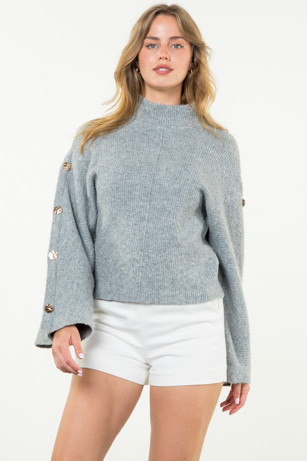 Grey Turtleneck Gold Button Sweater
