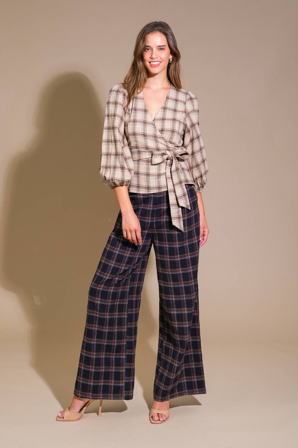 Brown Plaid Tie Waist Top
