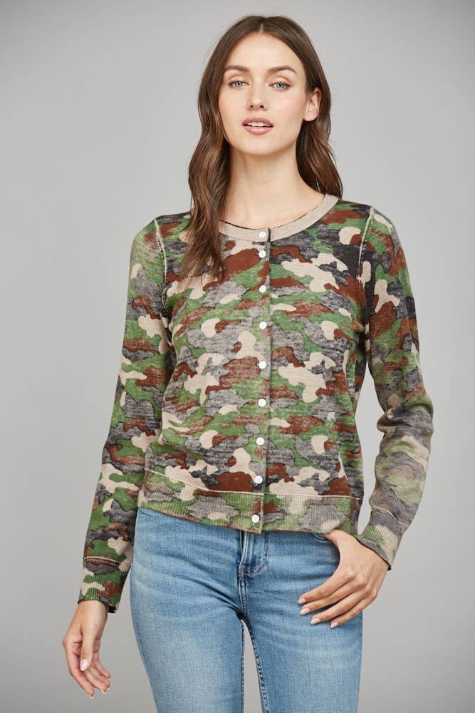CAMO PRINT FRONT BUTTON CLOSURE CARDIGAN