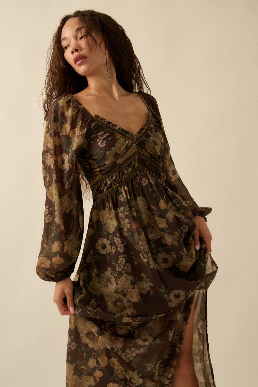 Floral-Print Velvet-Trimmed Maxi Peasant Dress