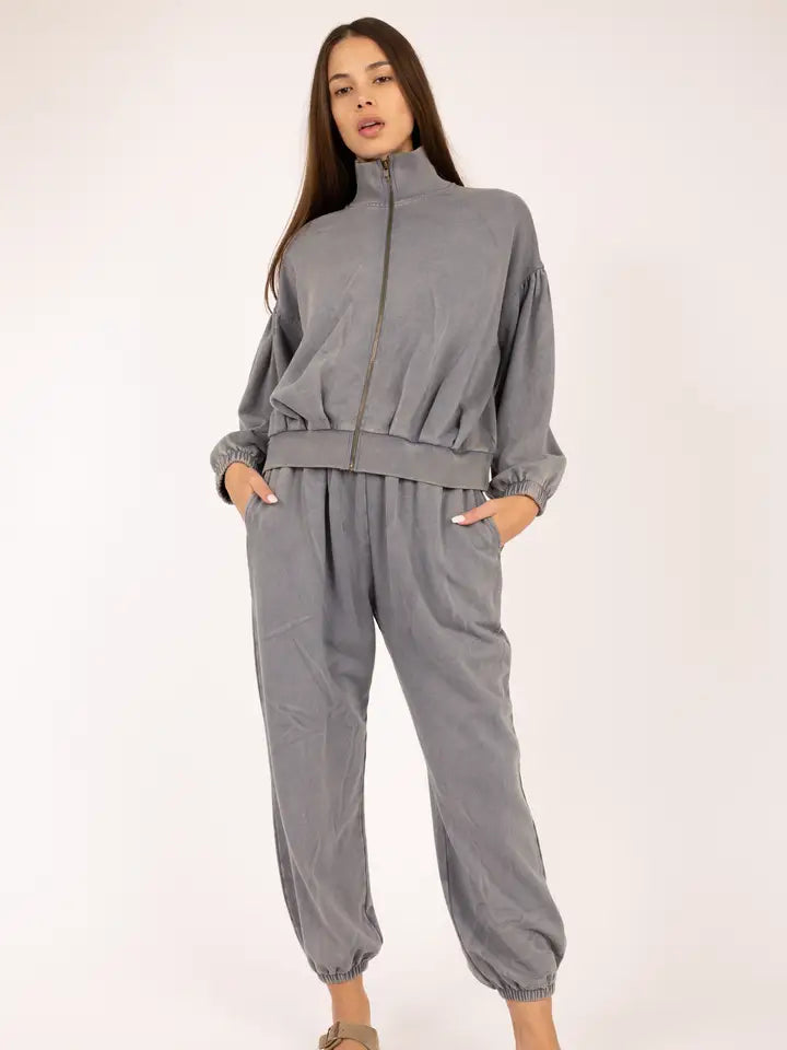 High Neck Puff Sleeve Zip Up