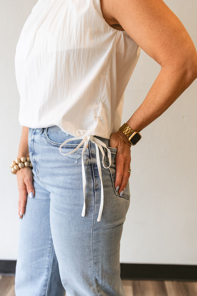 White Shirred Neck Sleeveless Side Tie Top