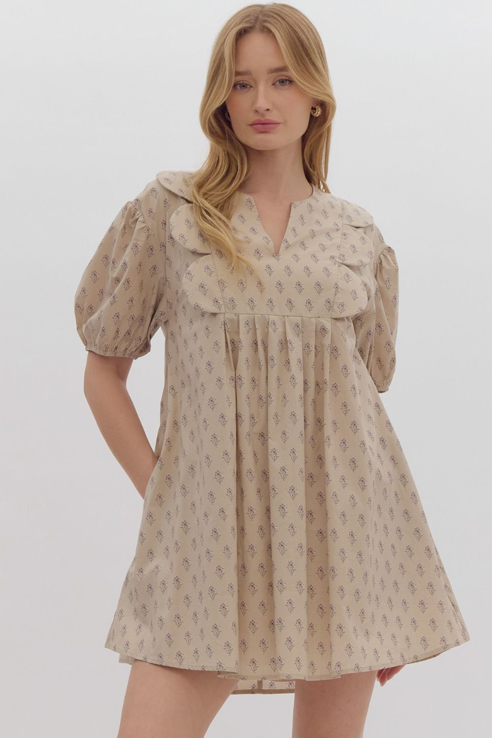 Taupe Floral Print Short Sleeve v-neck Mini Dress