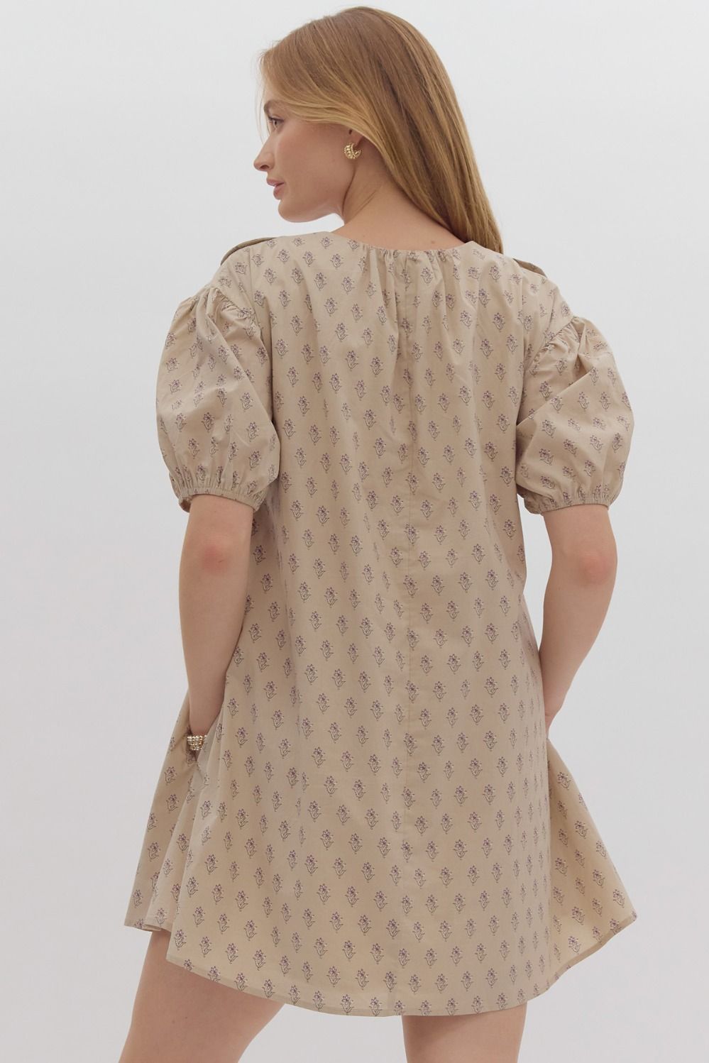 Taupe Floral Print Short Sleeve v-neck Mini Dress