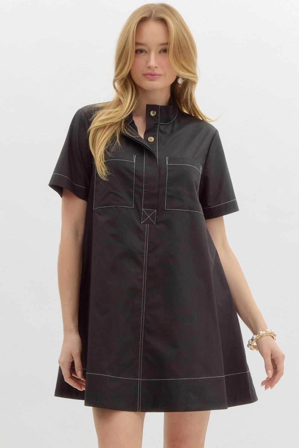 High Neck Short Sleeve Swing Mini Dress