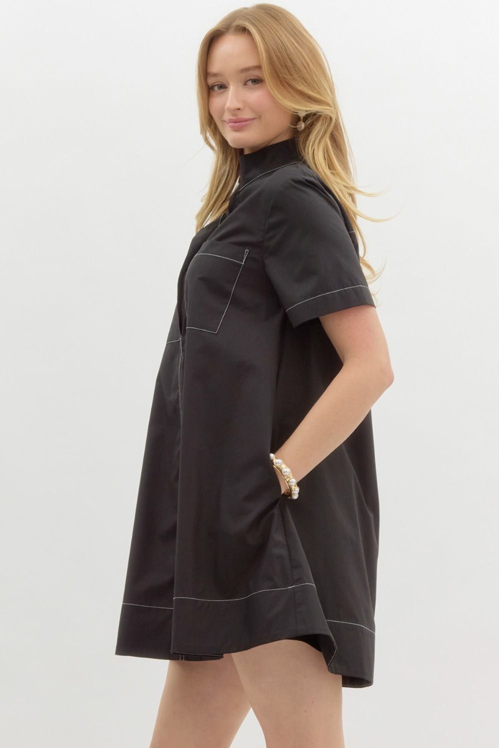 High Neck Short Sleeve Swing Mini Dress