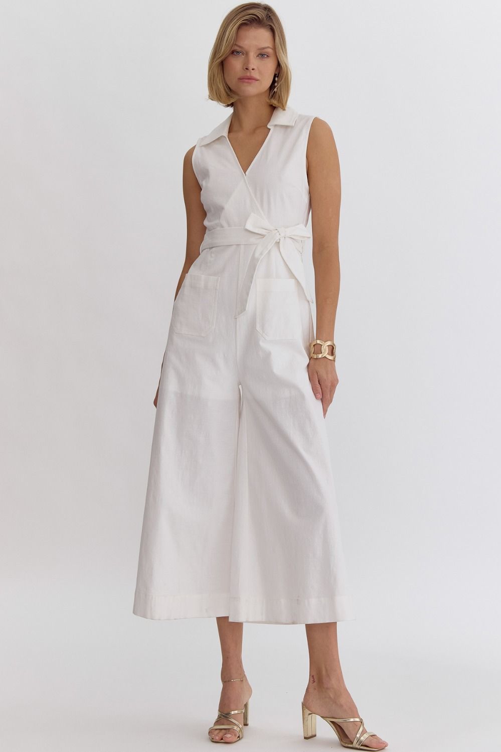 White Sleeveless Faux Wrap Jumpsuit