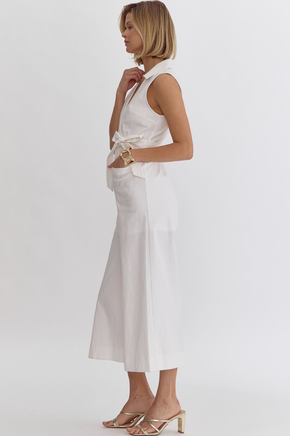 White Sleeveless Faux Wrap Jumpsuit