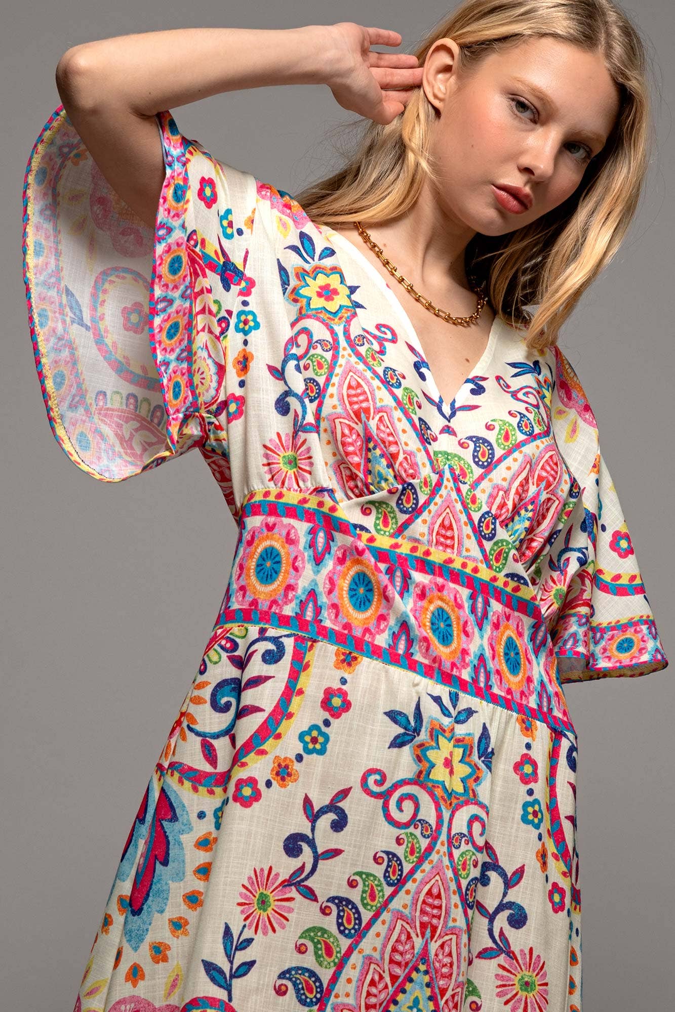 Oversized Paisley Flutter Sleeve Smocked Dress