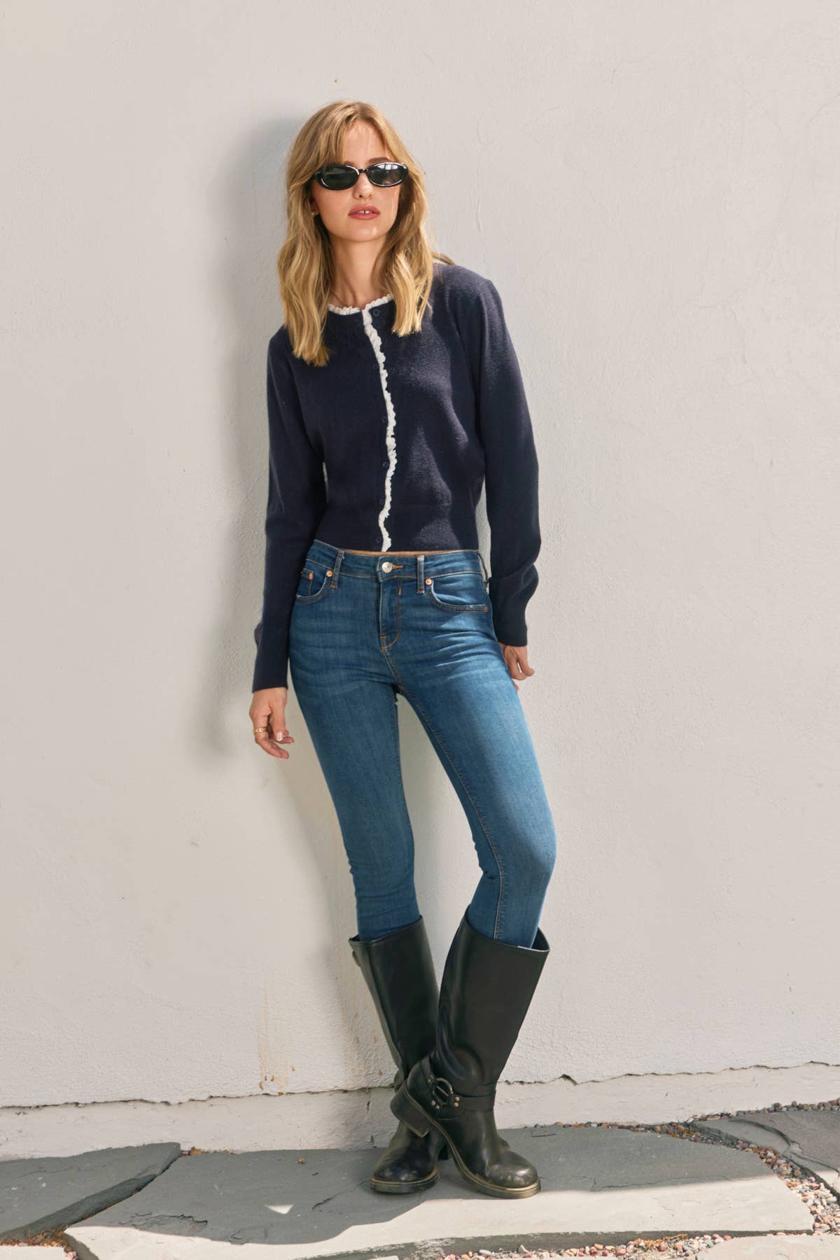 Ruffled Eyelet Trim Button Down Cardigan