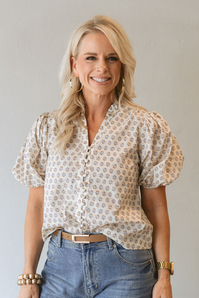 Cream Floral Puffed Sleeve Top