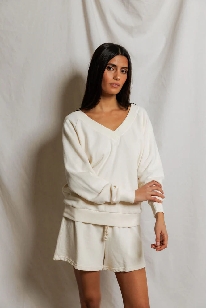 Sinead French Terry V Neck Sweatshirt- Bright Ivory
