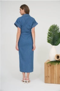 Stripe Denim Gathered Waist Dress