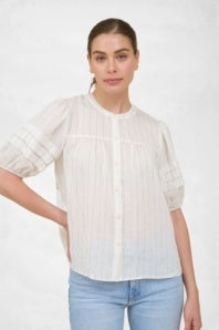 Oatmeal Puff Sleeve Striped Linen Top