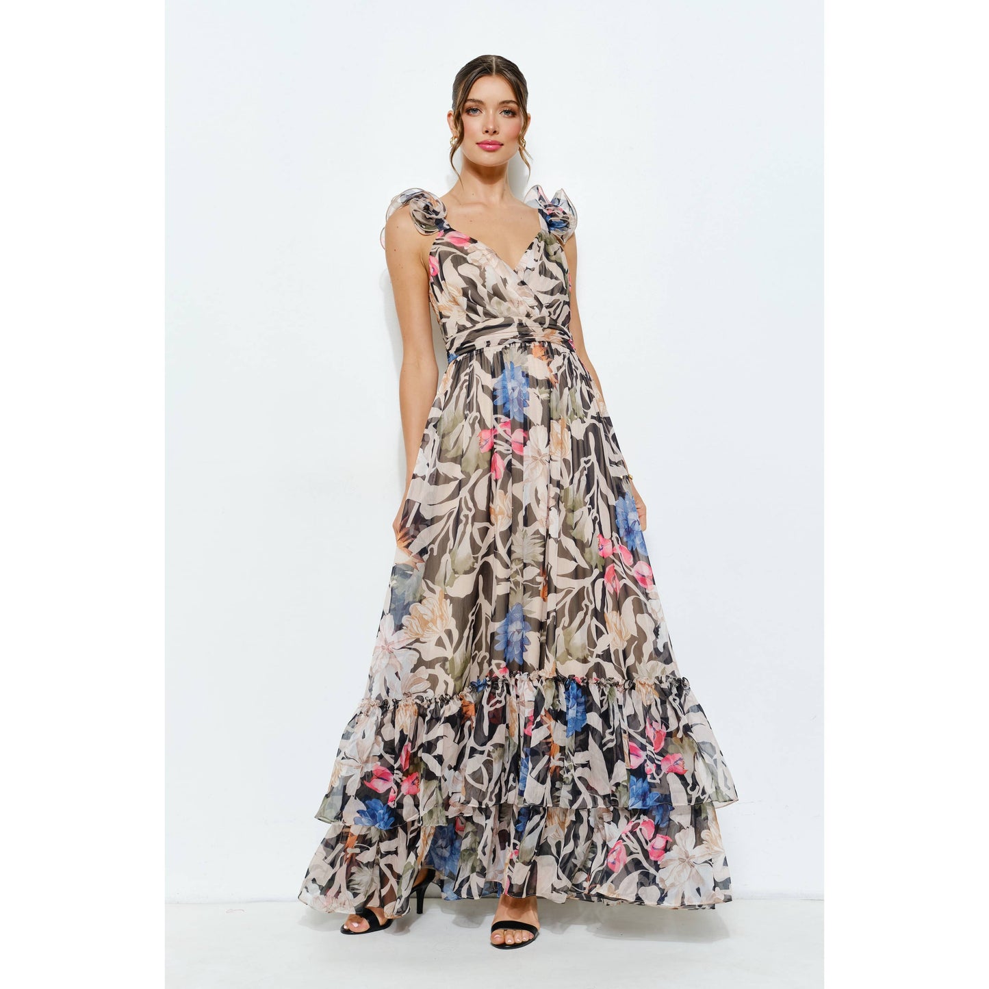Ruffled Shoulder Floral Chiffon Tiered Maxi Dress