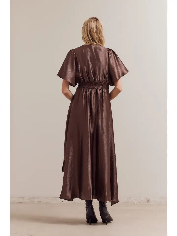Unbalanced Wrinkle Satin Maxi Dress - Chocolate