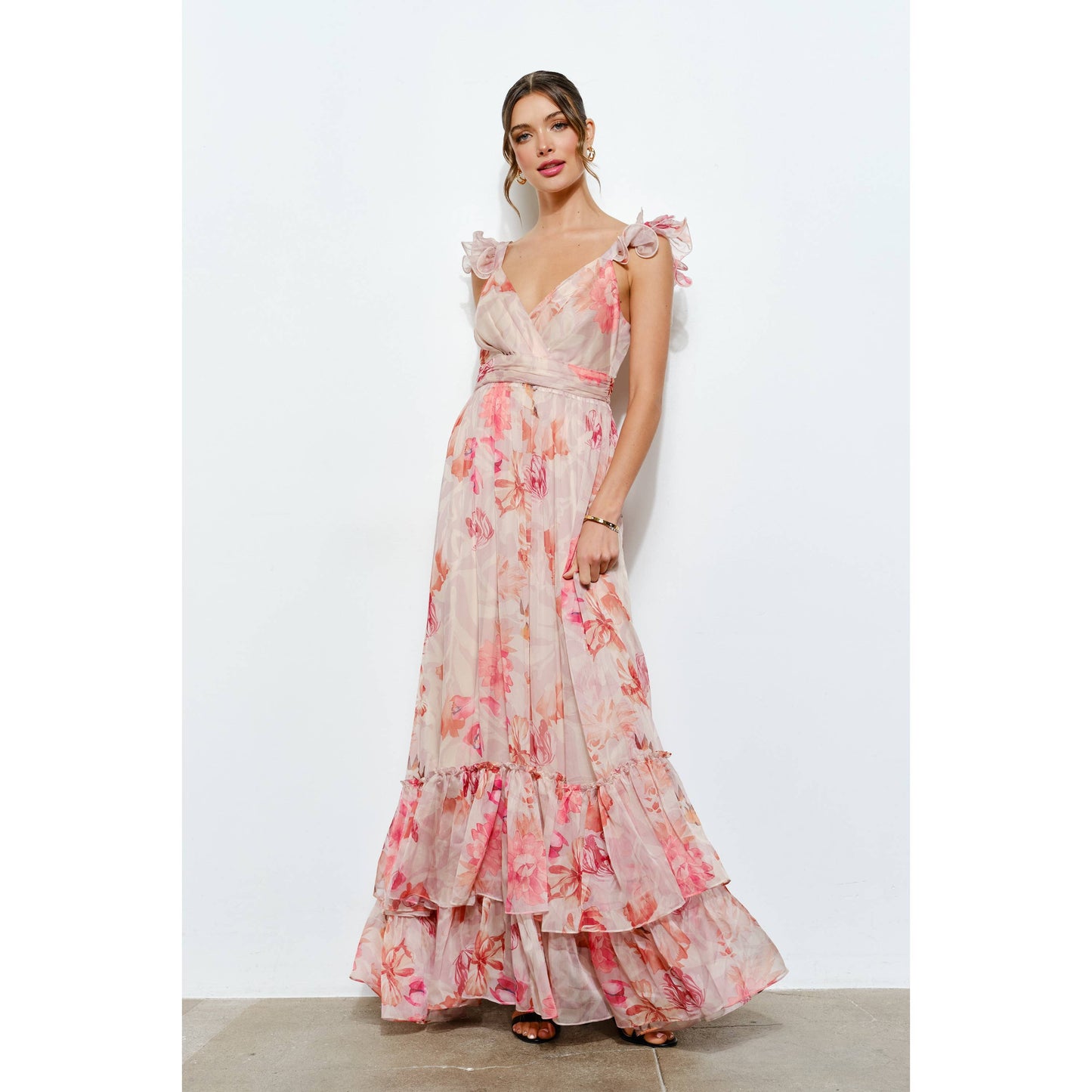 Ruffled Shoulder Floral Chiffon Tiered Maxi Dress