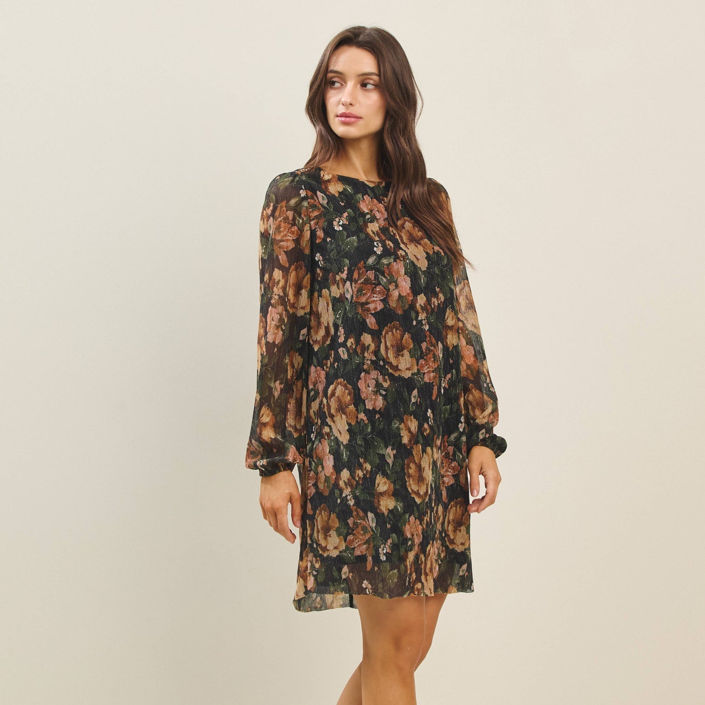 Metallic floral print mini dress