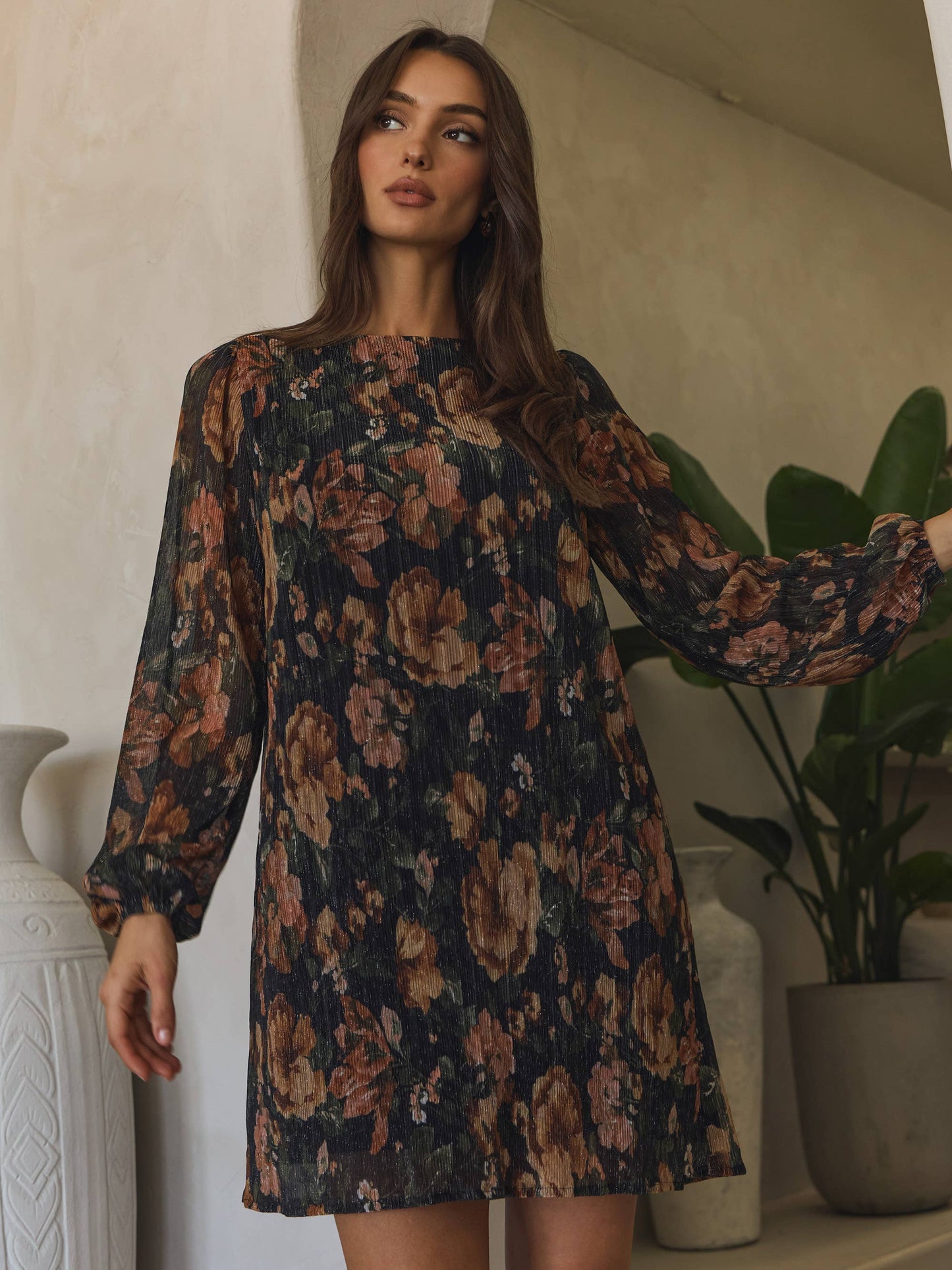 Metallic floral print mini dress