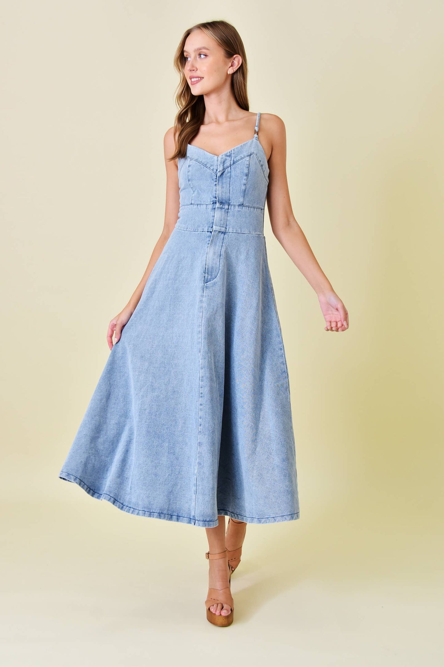VINTAGE WASH SPG STRAP A-LINE MIDI DENIM DRESS
