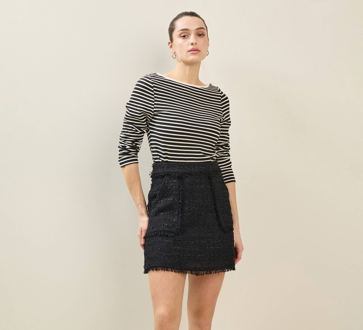 Black & Ivory Striped Mini Back Bow Top