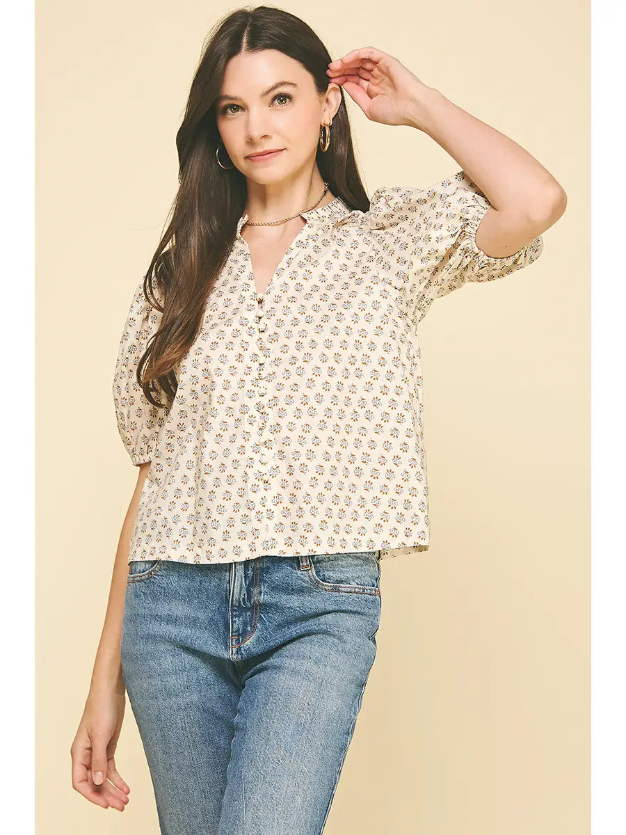 Cream Floral Puffed Sleeve Top