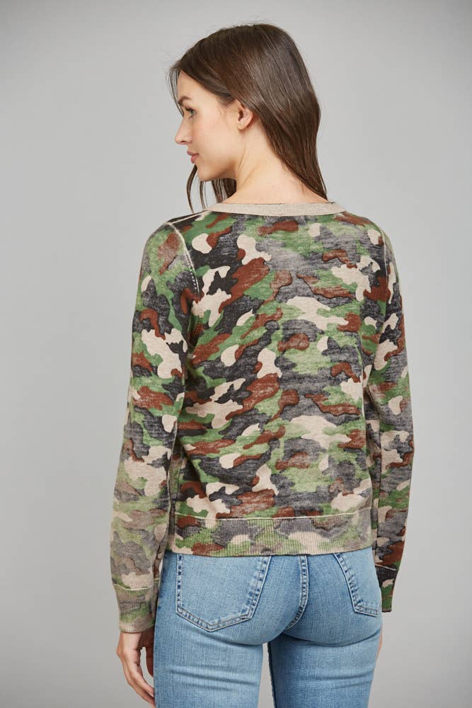 CAMO PRINT FRONT BUTTON CLOSURE CARDIGAN